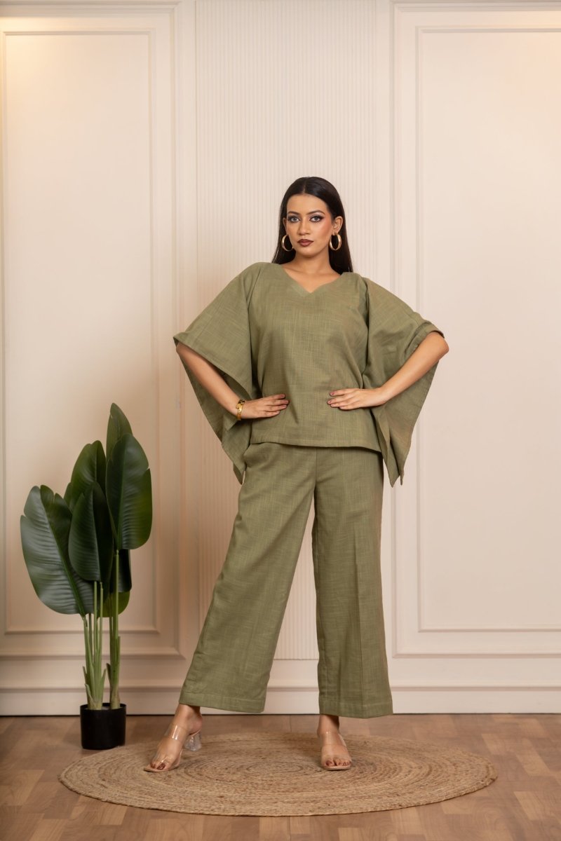 SUKOON GREEN COTTON SLUB KAFTAN STYLE CO_ORD SETS - Pomcha Jaipur