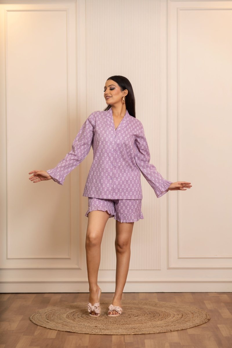 SUKOON LAVENDER COTTON HAND BLOCK CO_ORD SET - Pomcha Jaipur