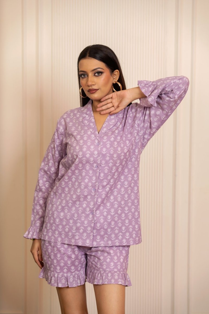 SUKOON LAVENDER COTTON HAND BLOCK CO_ORD SET - Pomcha Jaipur
