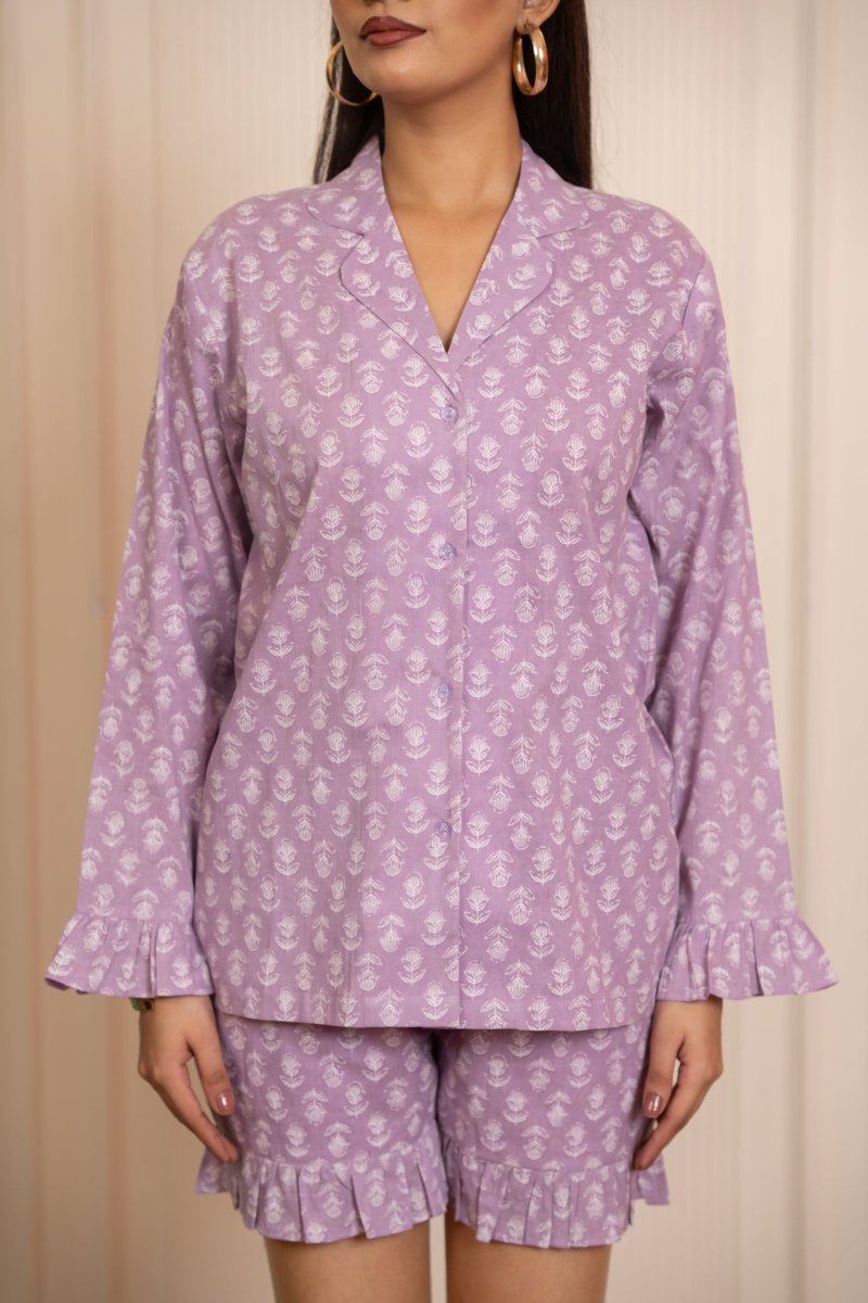 SUKOON LAVENDER COTTON HAND BLOCK CO_ORD SET - Pomcha Jaipur
