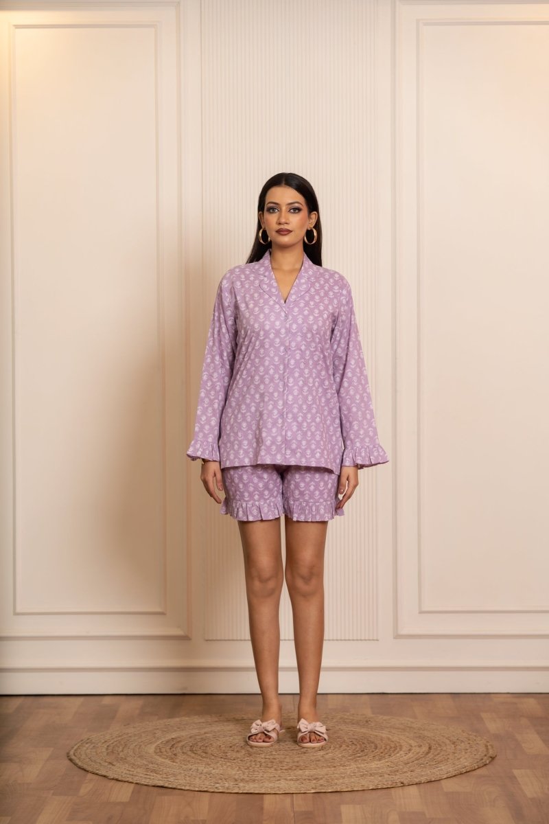 SUKOON LAVENDER COTTON HAND BLOCK CO_ORD SET - Pomcha Jaipur