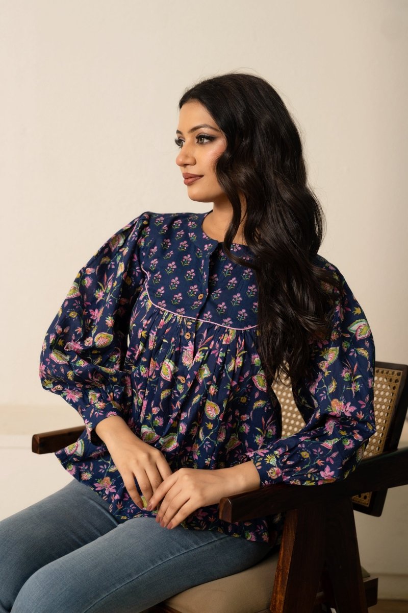 SUKOON NAVY BLUE BLOOM COTTON HAND BLOCK TOP - Pomcha Jaipur