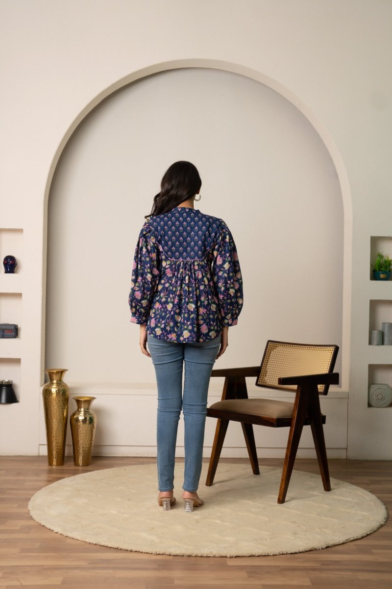 SUKOON NAVY BLUE BLOOM COTTON HAND BLOCK TOP - Pomcha Jaipur