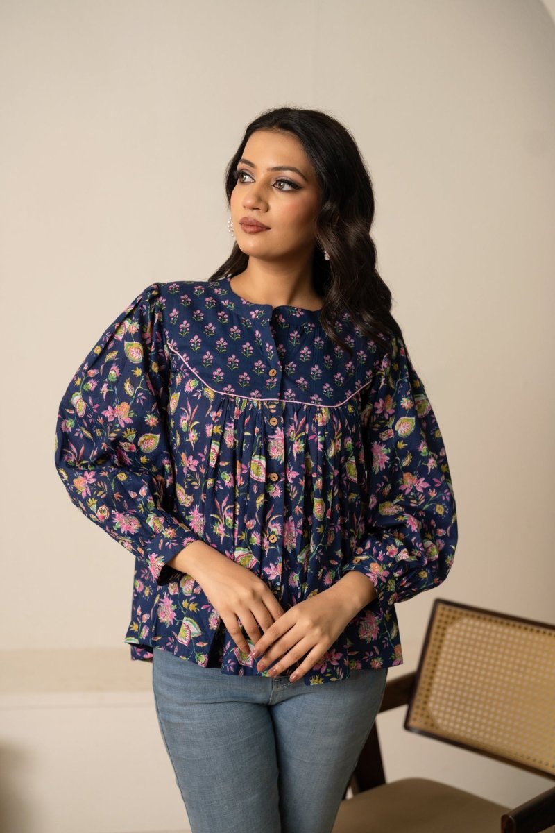 SUKOON NAVY BLUE BLOOM COTTON HAND BLOCK TOP - Pomcha Jaipur