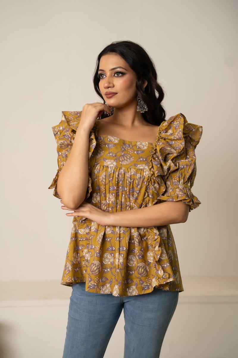 SUKOON OCHRE HAND BLOCK COTTON BLOOM TUNIC TOP - Pomcha Jaipur