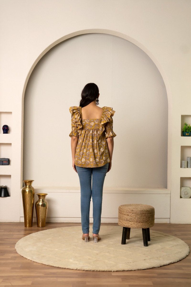 SUKOON OCHRE HAND BLOCK COTTON BLOOM TUNIC TOP - Pomcha Jaipur