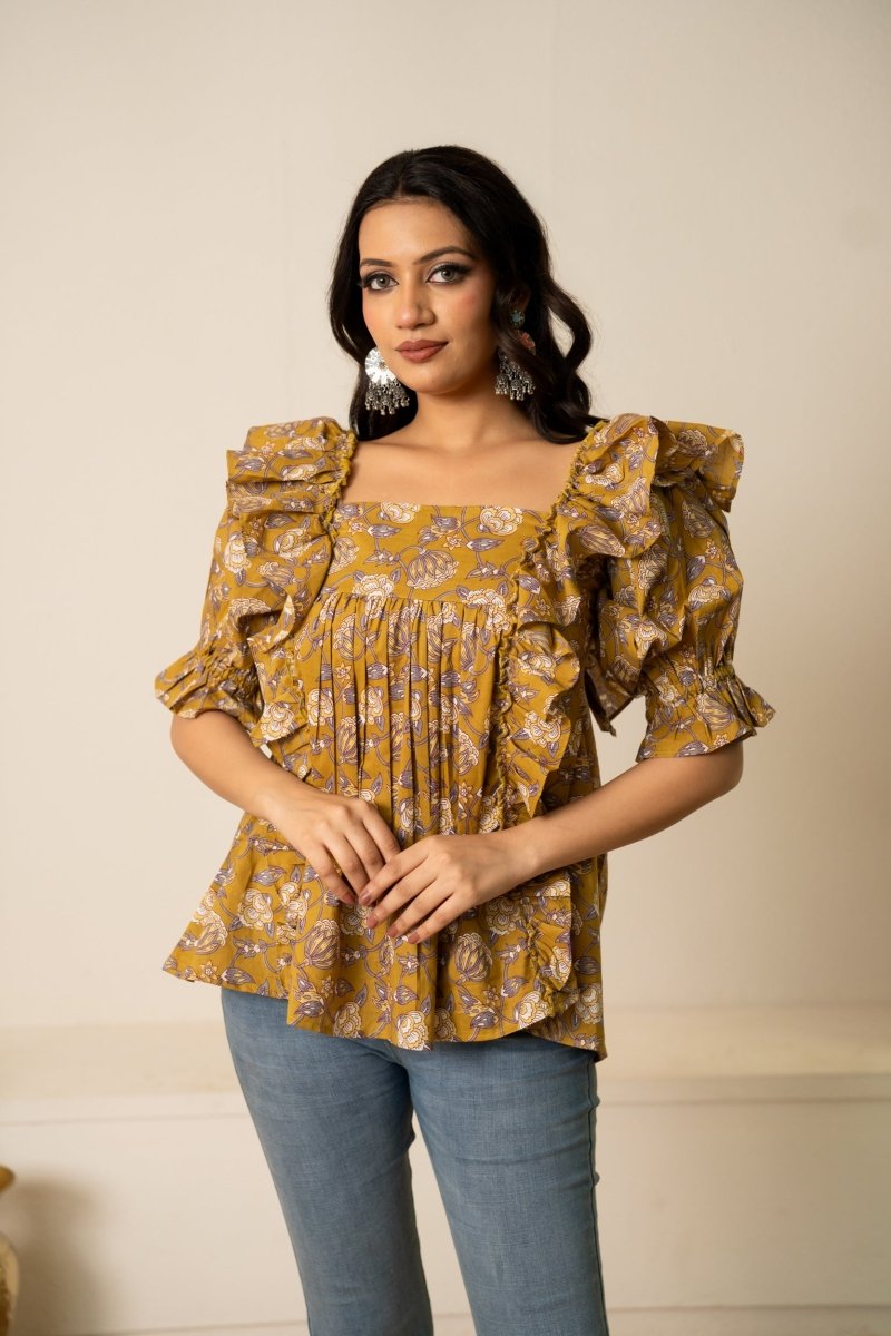 SUKOON OCHRE HAND BLOCK COTTON BLOOM TUNIC TOP - Pomcha Jaipur