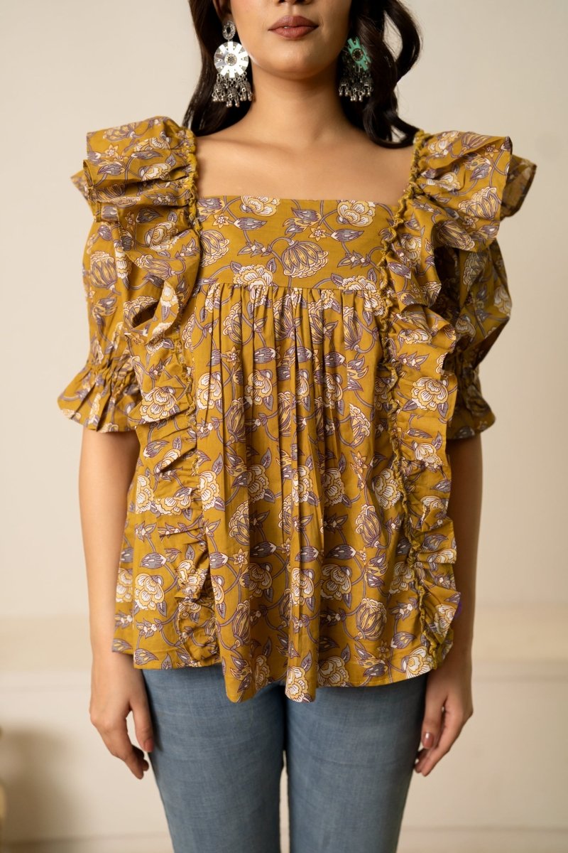 SUKOON OCHRE HAND BLOCK COTTON BLOOM TUNIC TOP - Pomcha Jaipur