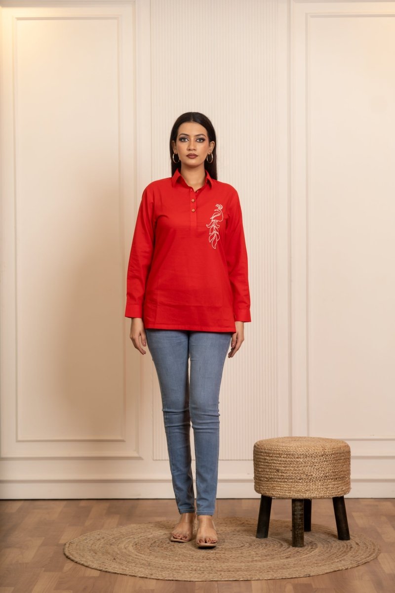 SUKOON PEACOCK MOTIF RED TUNIC TOP - Pomcha Jaipur