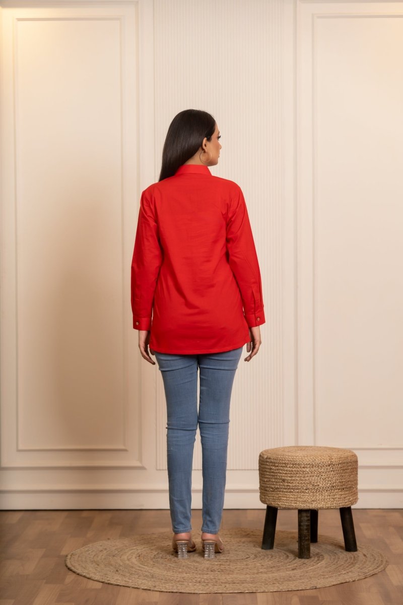 SUKOON PEACOCK MOTIF RED TUNIC TOP - Pomcha Jaipur