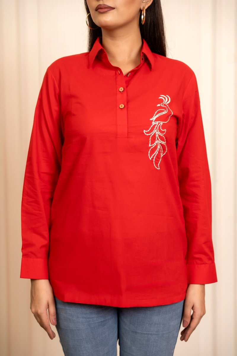 SUKOON PEACOCK MOTIF RED TUNIC TOP - Pomcha Jaipur