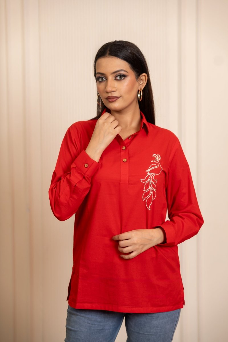 SUKOON PEACOCK MOTIF RED TUNIC TOP - Pomcha Jaipur