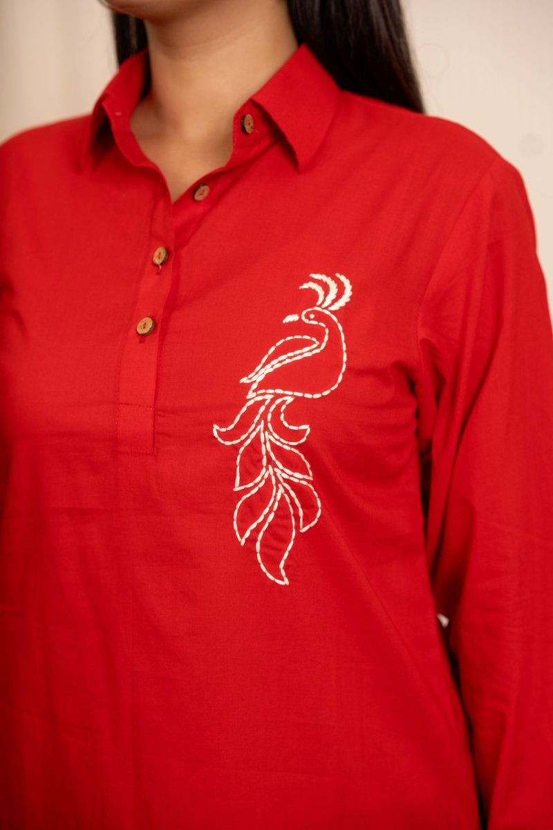 SUKOON PEACOCK MOTIF RED TUNIC TOP - Pomcha Jaipur
