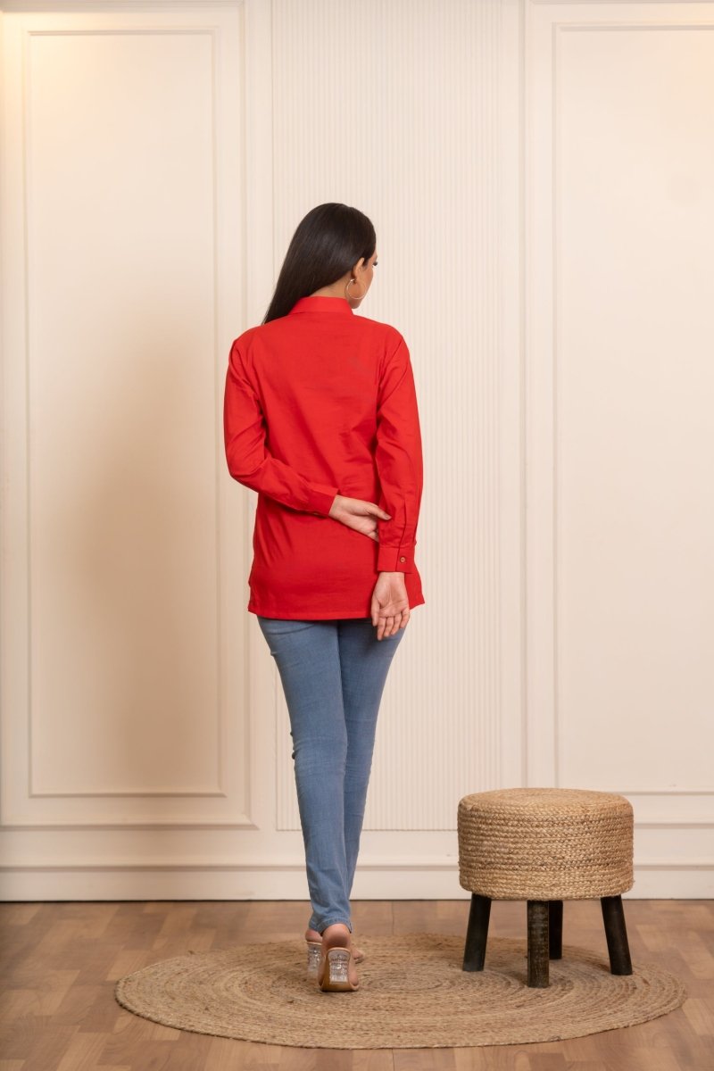 SUKOON PEACOCK MOTIF RED TUNIC TOP - Pomcha Jaipur