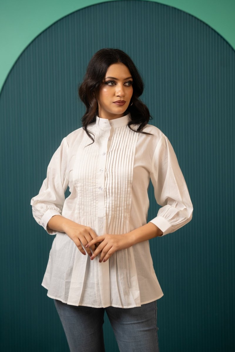 SUKOON PIN TUCK WHITE SHIRT TOP - Pomcha Jaipur