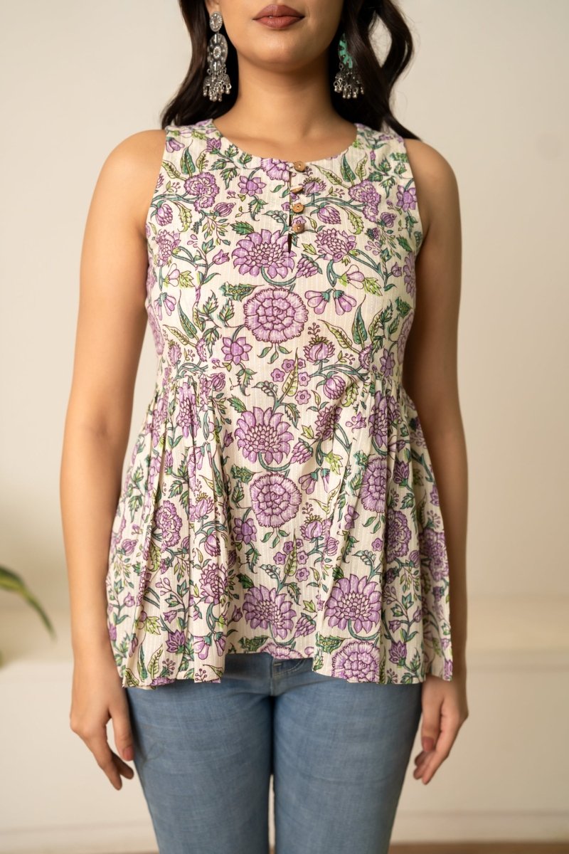 SUKOON PURPLE FLORAL OFF WHITE HAND BLOCK COTTON TOP - Pomcha Jaipur