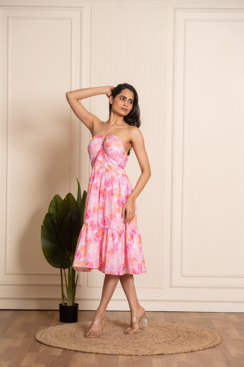 SUKOON ROSY PINK CREPE SUMMER TIERED DRESS - Pomcha Jaipur