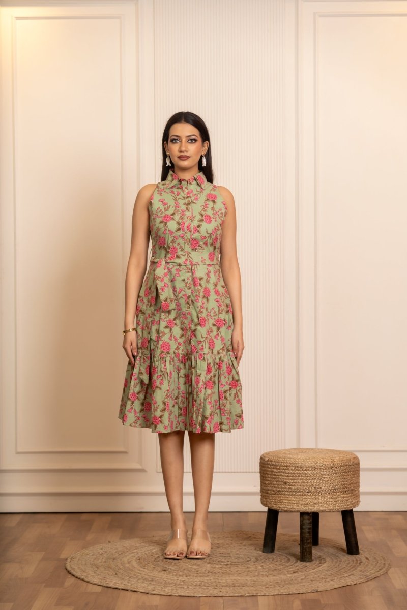 SUKOON SAGE BLOOMS COTTON FLORAL KNEE LENGTH DRESS - Pomcha Jaipur