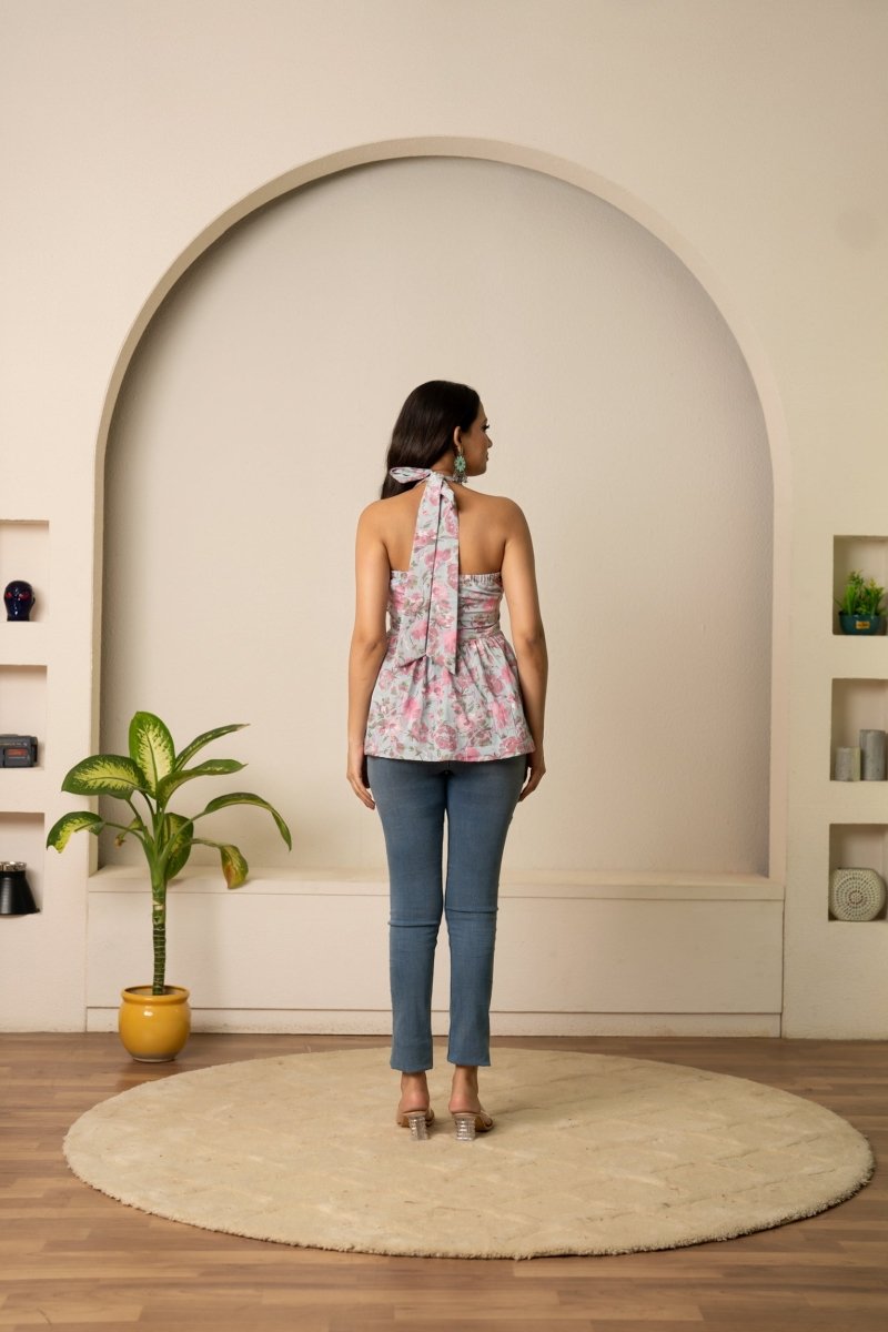 SUKOON SKY BLOOM HALTER NECK COTTON HAND BLOCK TOP - Pomcha Jaipur