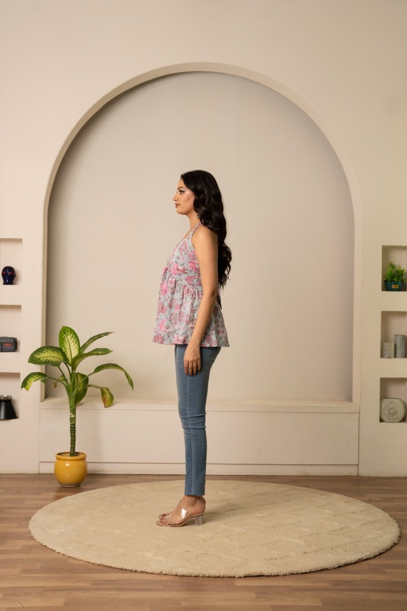SUKOON SKY BLOOM HALTER NECK COTTON HAND BLOCK TOP - Pomcha Jaipur