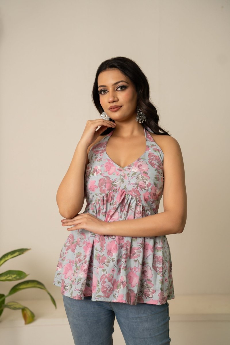 SUKOON SKY BLOOM HALTER NECK COTTON HAND BLOCK TOP - Pomcha Jaipur