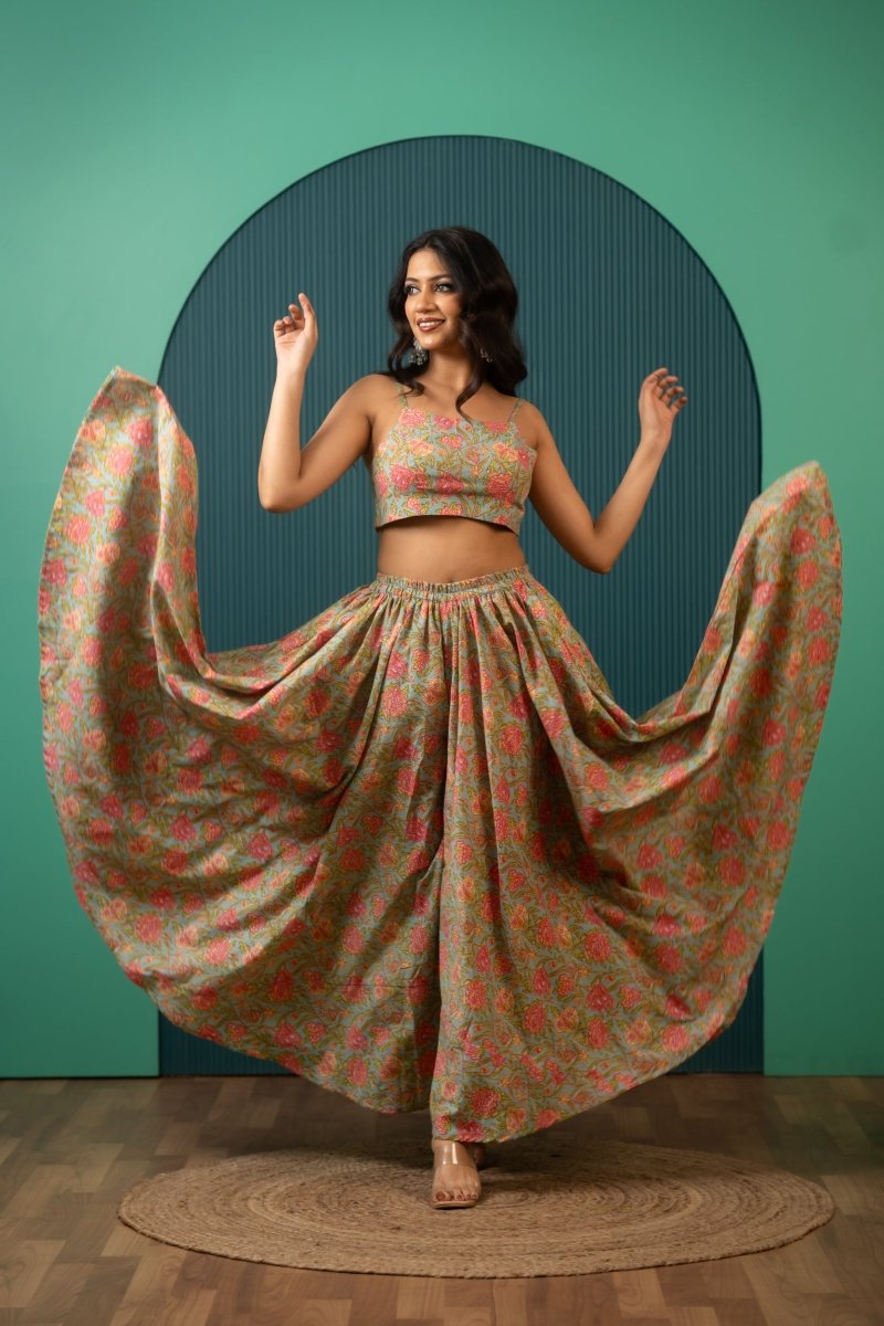 SUKOON SLEEVELESS MEHENDI FLORAL COTTON TWO- PIECE SETS - Pomcha Jaipur