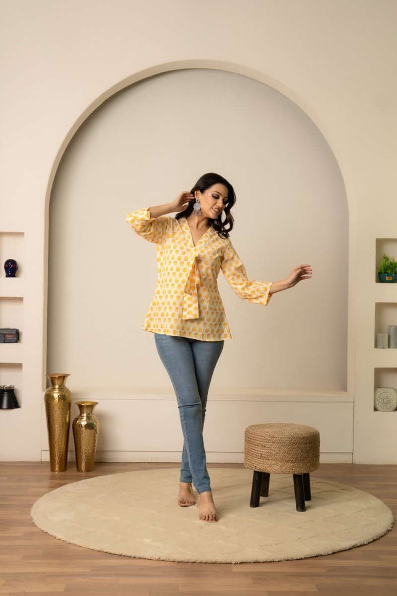 SUKOON THE DOTTY YELLOW COTTON HAND BLOCK TUNIC TOP - Pomcha Jaipur