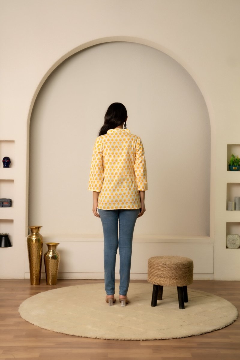 SUKOON THE DOTTY YELLOW COTTON HAND BLOCK TUNIC TOP - Pomcha Jaipur