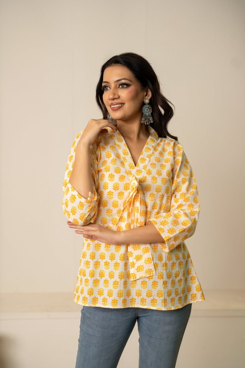 SUKOON THE DOTTY YELLOW COTTON HAND BLOCK TUNIC TOP - Pomcha Jaipur