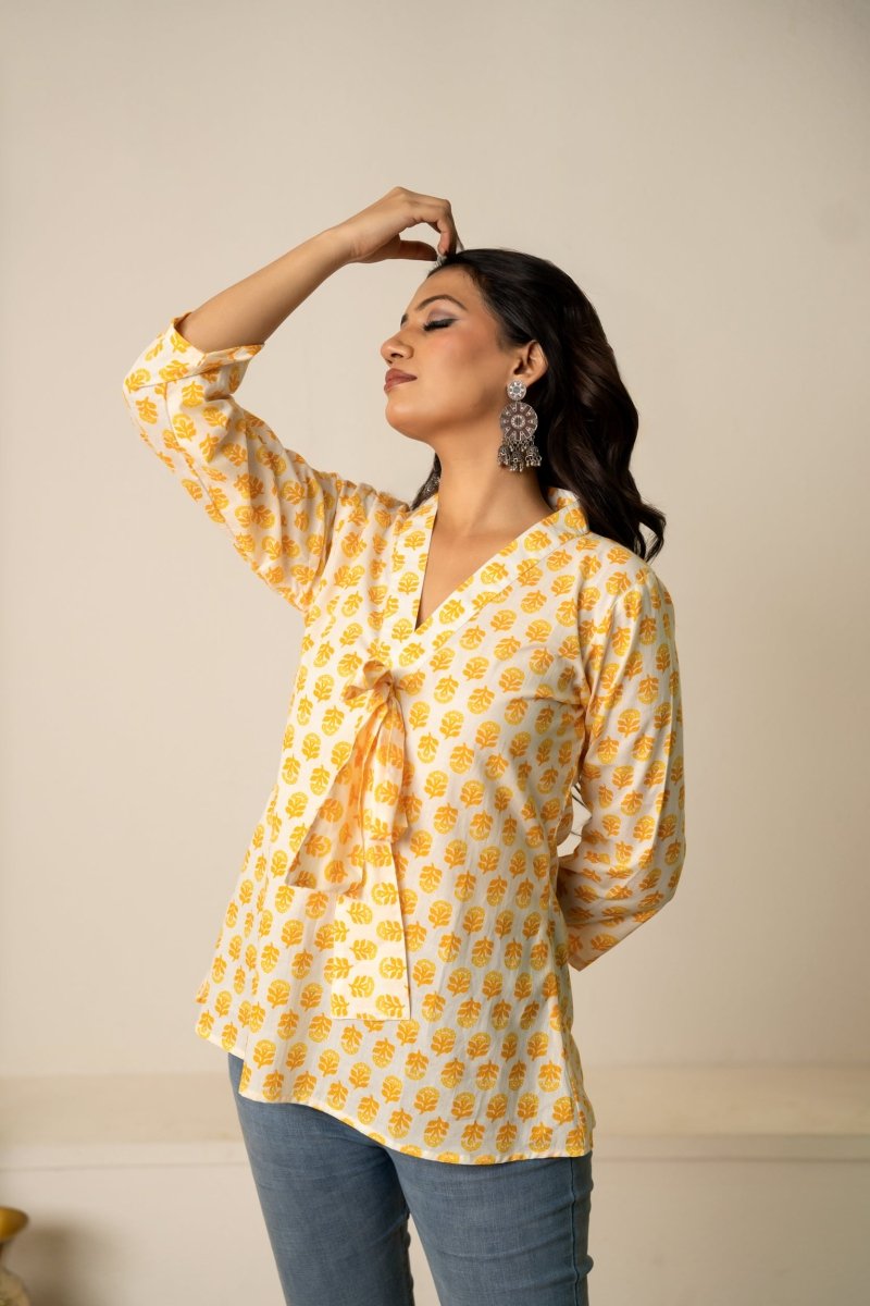 SUKOON THE DOTTY YELLOW COTTON HAND BLOCK TUNIC TOP - Pomcha Jaipur