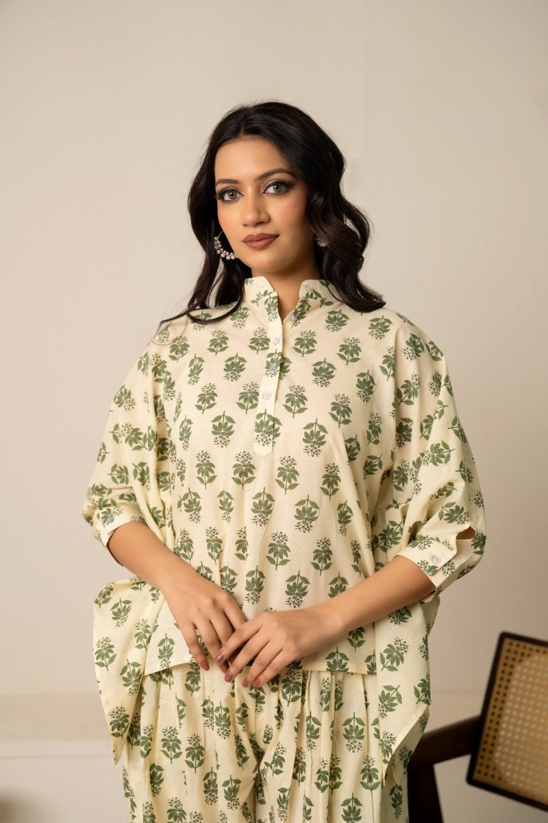 SUKOON TWO - PIECE RELAXED FLORAL HAND BLOCK COTTON LOUNGEWEAR - Pomcha Jaipur
