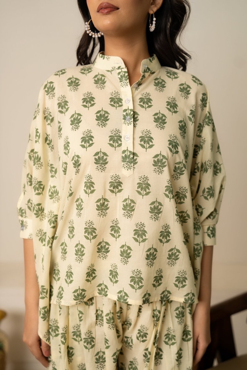 SUKOON TWO - PIECE RELAXED FLORAL HAND BLOCK COTTON LOUNGEWEAR - Pomcha Jaipur