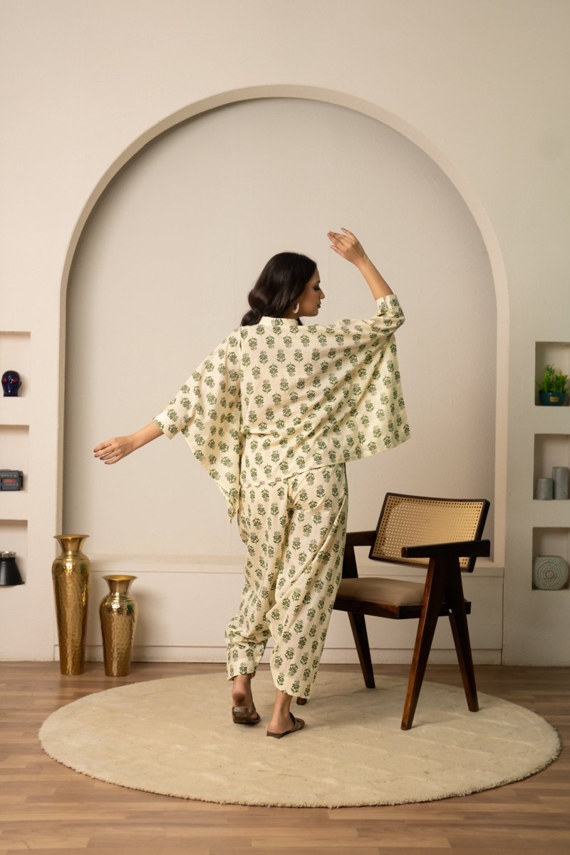 SUKOON TWO - PIECE RELAXED FLORAL HAND BLOCK COTTON LOUNGEWEAR - Pomcha Jaipur