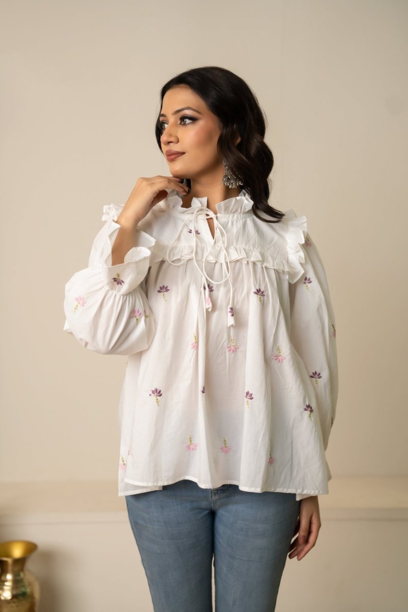 SUKOON WHITE TIE-FRONT EMBROIDERY COTTON TOP - Pomcha Jaipur