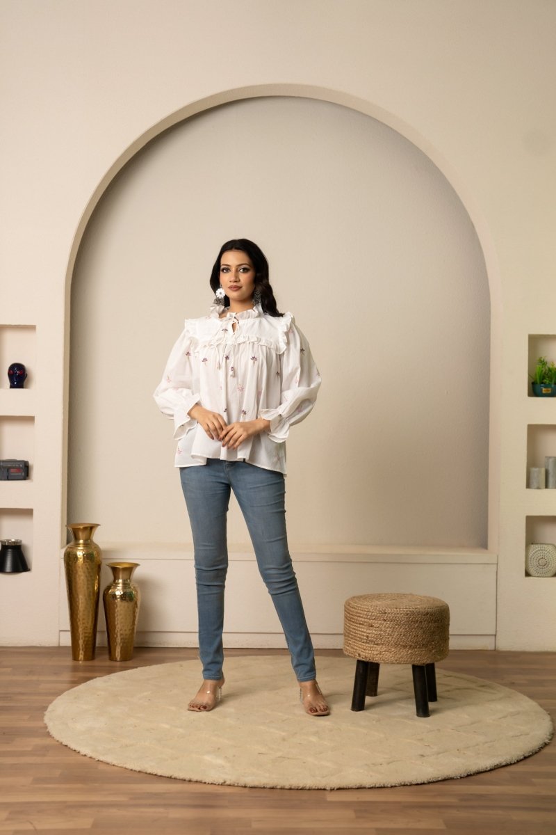 SUKOON WHITE TIE-FRONT EMBROIDERY COTTON TOP - Pomcha Jaipur