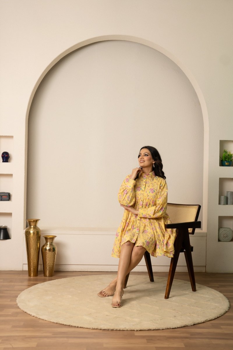 SUKOON YELLOW HUES FLORAL PRINT COTTON SUMMER DRESS - Pomcha Jaipur