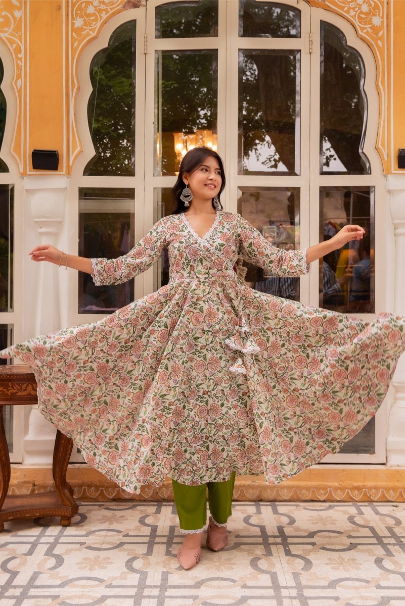 SUNHARI AAMIRA COTTONHAND BLOCK PRINT ANGRAKHA SET WITH SOFT NET DUPATTA - Pomcha Jaipur