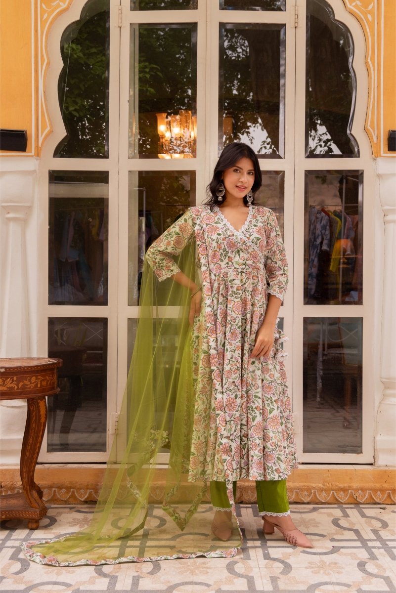 SUNHARI AAMIRA COTTONHAND BLOCK PRINT ANGRAKHA SET WITH SOFT NET DUPATTA - Pomcha Jaipur