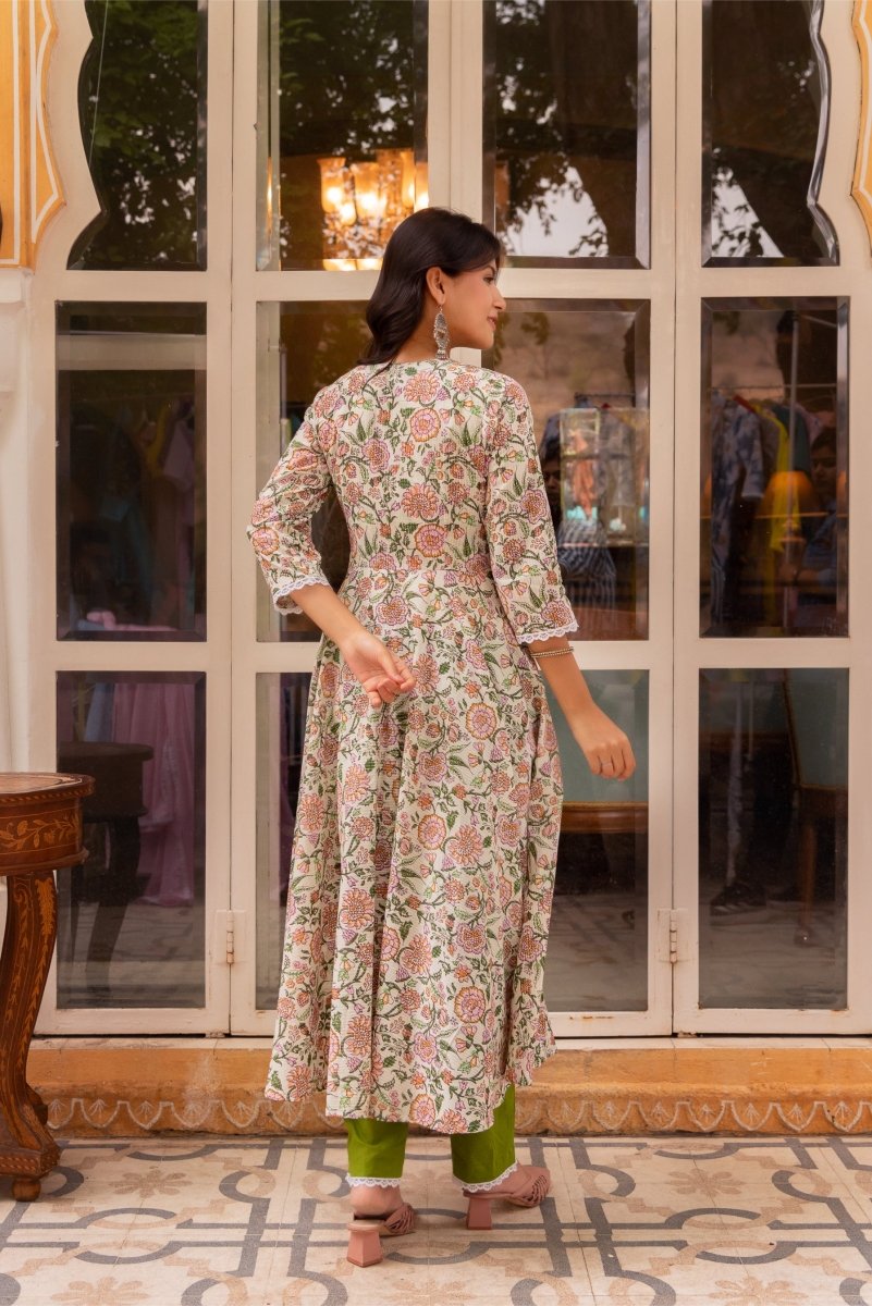 SUNHARI AAMIRA COTTONHAND BLOCK PRINT ANGRAKHA SET WITH SOFT NET DUPATTA - Pomcha Jaipur