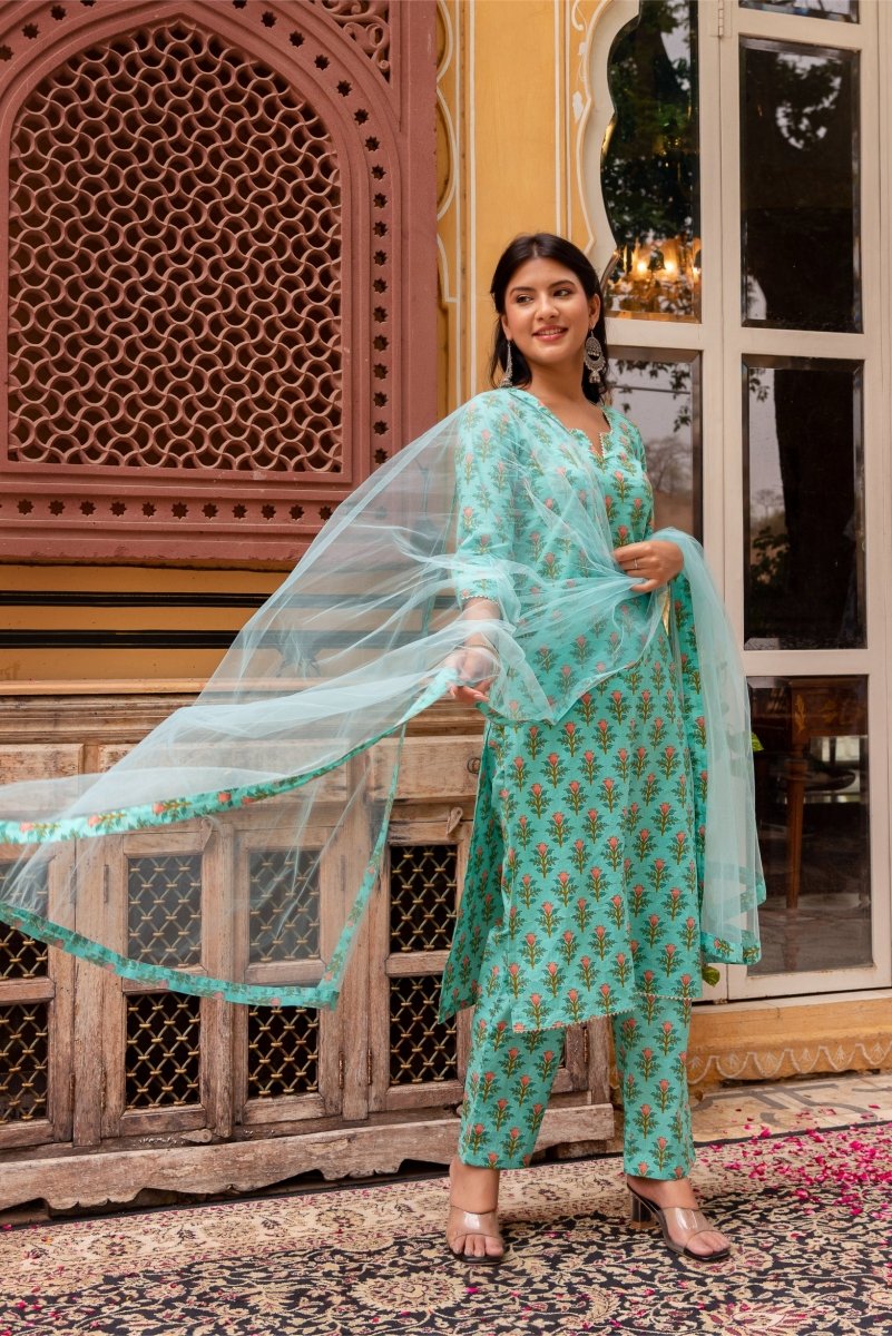 SUNHARI AQUA GREEN COTTON HAND BLOCK PRINTED SUIT SET WITH SOFT NET DUPATTA - Pomcha Jaipur