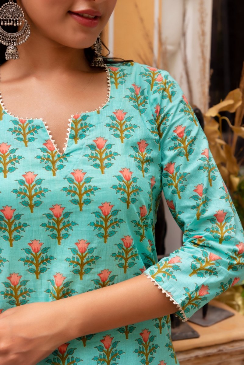 SUNHARI AQUA GREEN COTTON HAND BLOCK PRINTED SUIT SET WITH SOFT NET DUPATTA - Pomcha Jaipur
