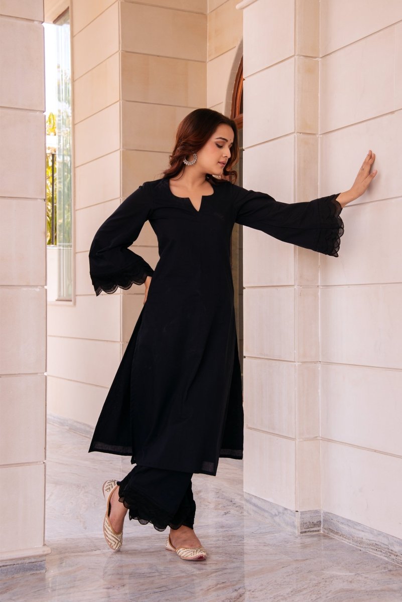 SUNHARI BLACK COTTON CO - ORD SET WITH ORGANZA EMBROIDERY SLEEVES - Pomcha Jaipur