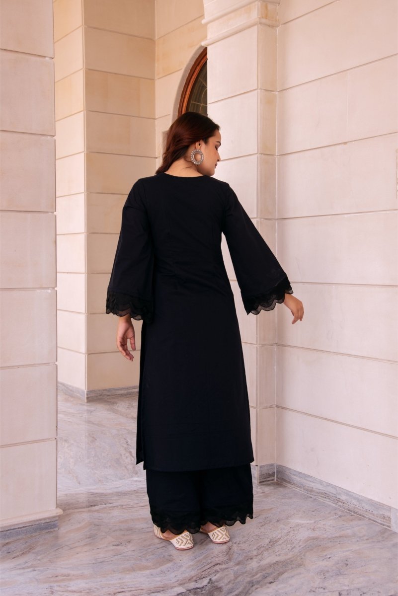 SUNHARI BLACK COTTON CO - ORD SET WITH ORGANZA EMBROIDERY SLEEVES - Pomcha Jaipur