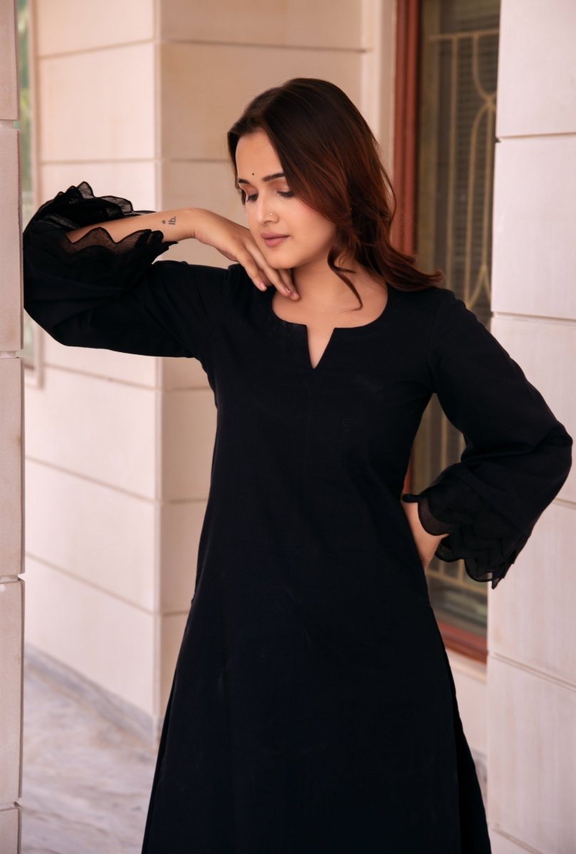 SUNHARI BLACK COTTON CO - ORD SET WITH ORGANZA EMBROIDERY SLEEVES - Pomcha Jaipur