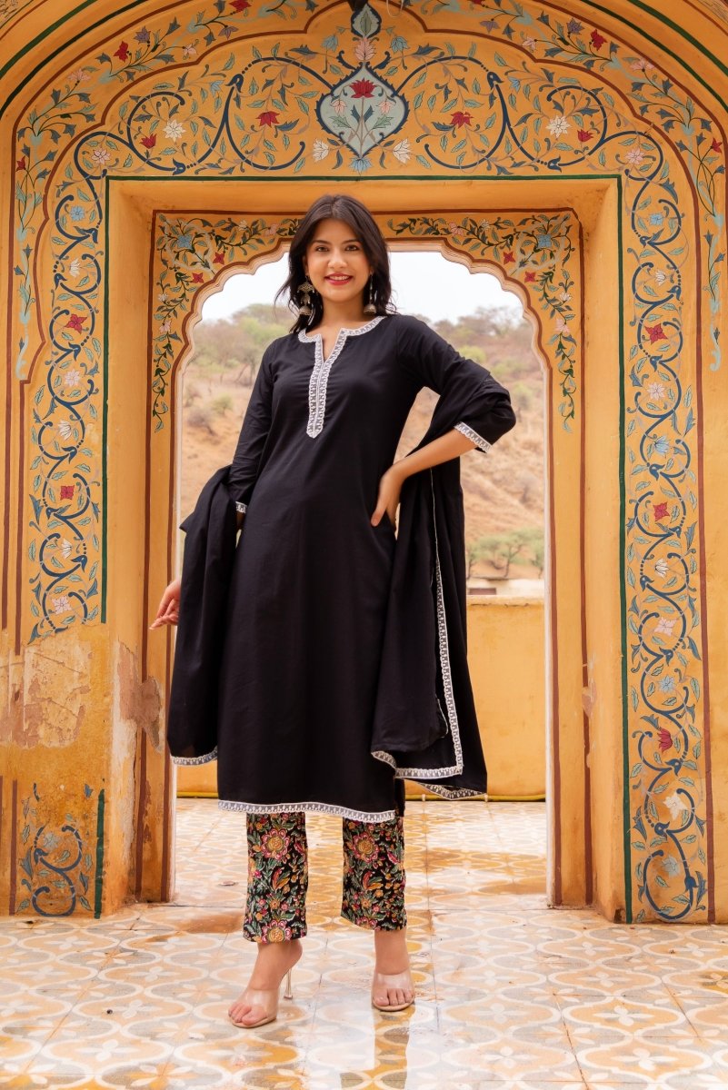 SUNHARI BLACK PRINTED PANTS COTTON SUIT SET WITH COTTON DUPATTA - Pomcha Jaipur