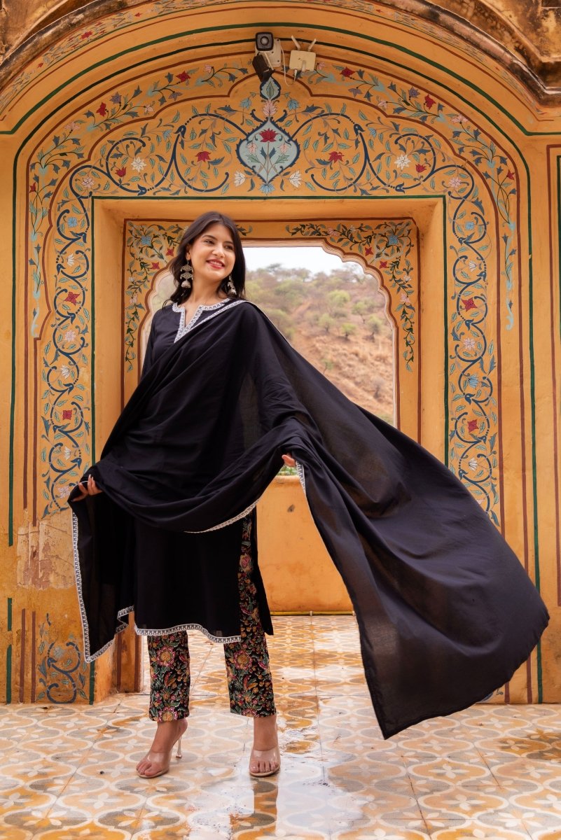 SUNHARI BLACK PRINTED PANTS COTTON SUIT SET WITH COTTON DUPATTA - Pomcha Jaipur