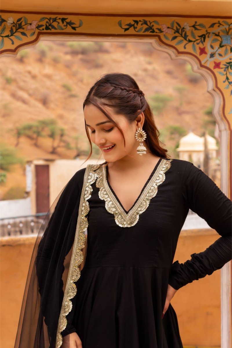 SUNHARI BLACK ROSE COTTON GOTA LACE ANARKALI SET WITH SOFT NET DUPATTA - Pomcha Jaipur