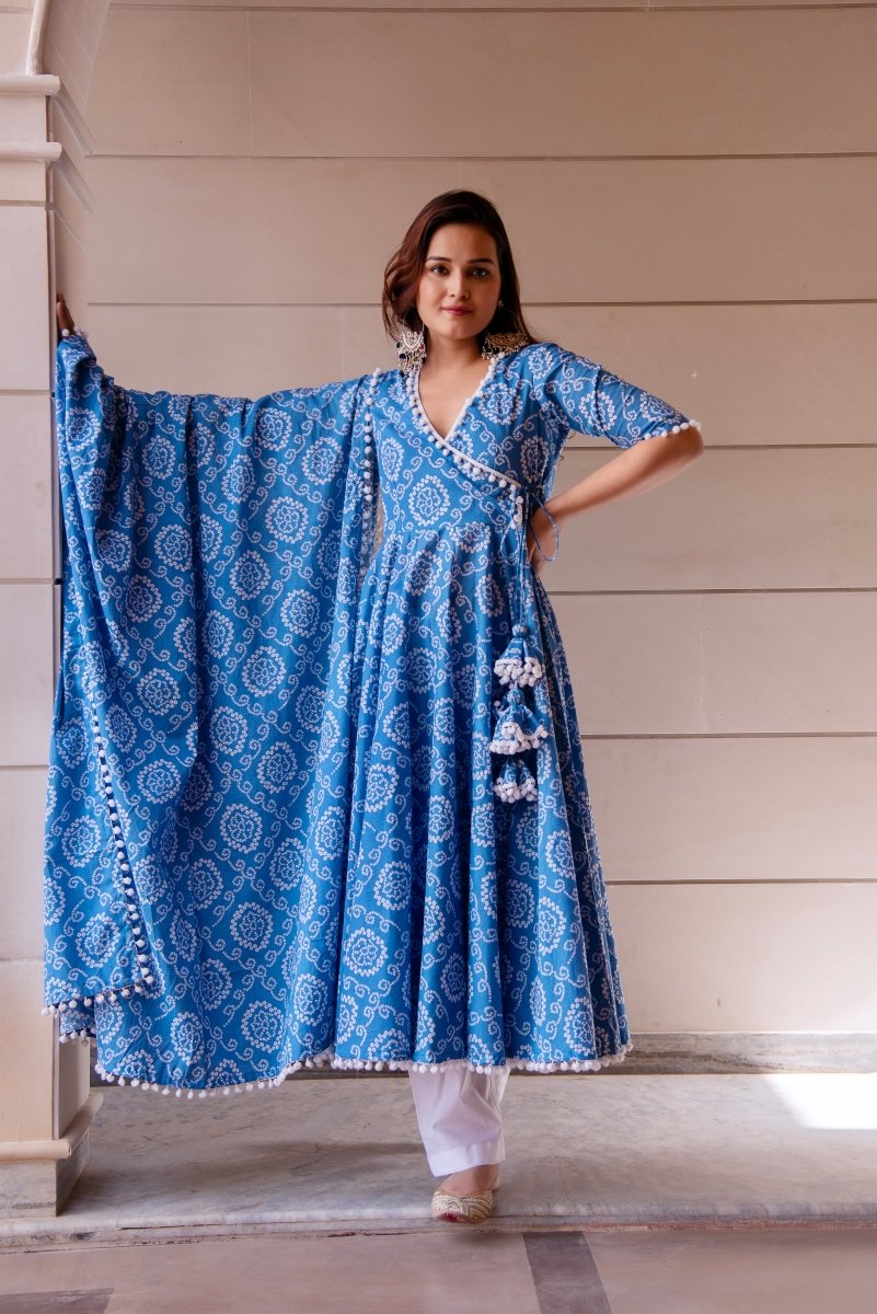 SUNHARI BLUE BANDHEJ COTTON ANGRAKHA SET WITH COTTON DUPATTA - Pomcha Jaipur