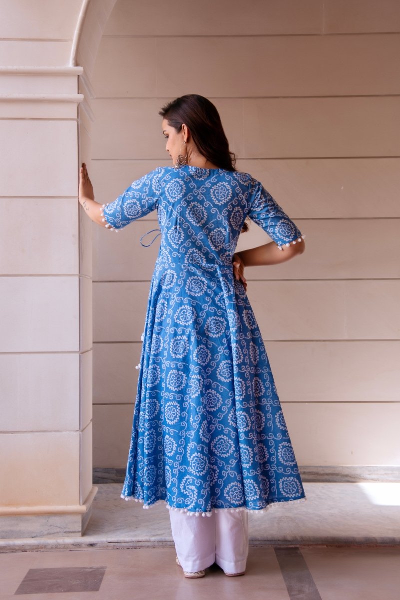 SUNHARI BLUE BANDHEJ COTTON ANGRAKHA SET WITH COTTON DUPATTA - Pomcha Jaipur