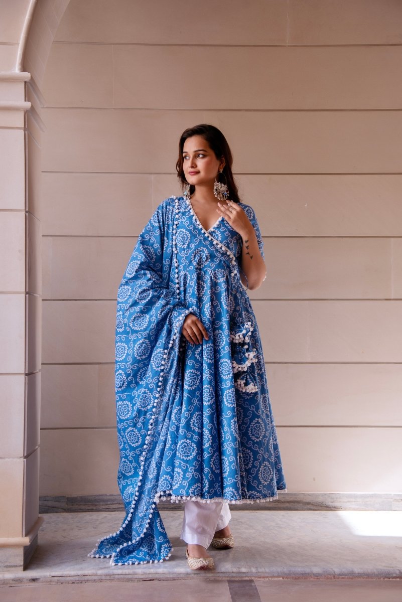 Blue Angrakha Cotton Angrakha Style Anarkali Dupatta Set With Mirror Work – Blue M/38